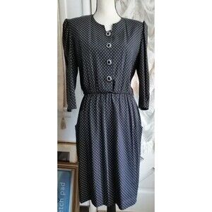 Vintage 80s Black White Polka Dot Dress 10 Made in USA